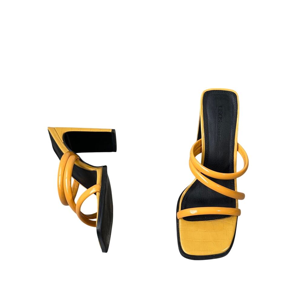 ASOS Strappy Block Heeled Sandals in Yellow Croc Embossed